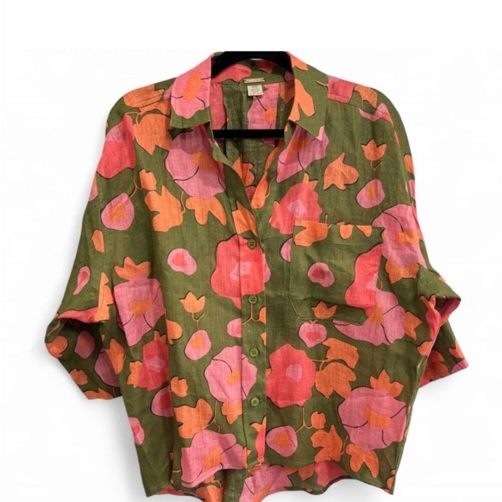 Magaschoni Linen hi low Olive & Pink Floral Button-Front Shirt. Size Medium.